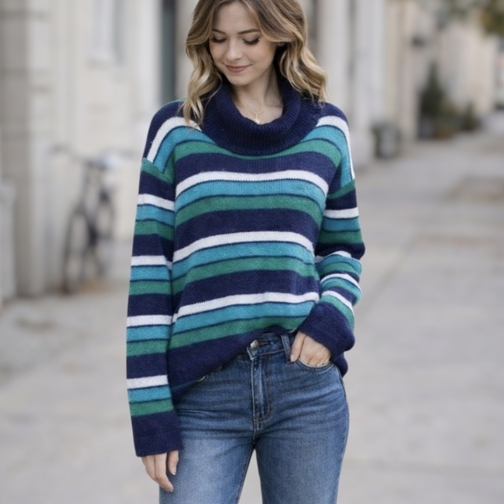 LANDS End Cozy Striped Sweater Scandi Girl Fisherman M